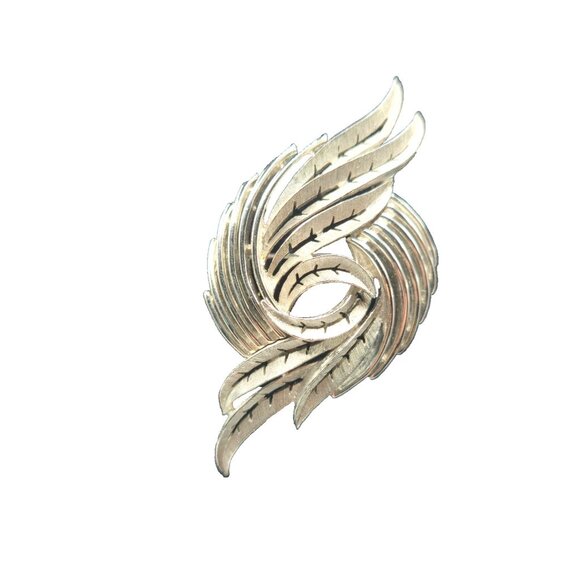 Vintage Crown Trifari Signed Silver Swirl Leaf Brooch 1950s Mid-Century - Picture 5 of 5